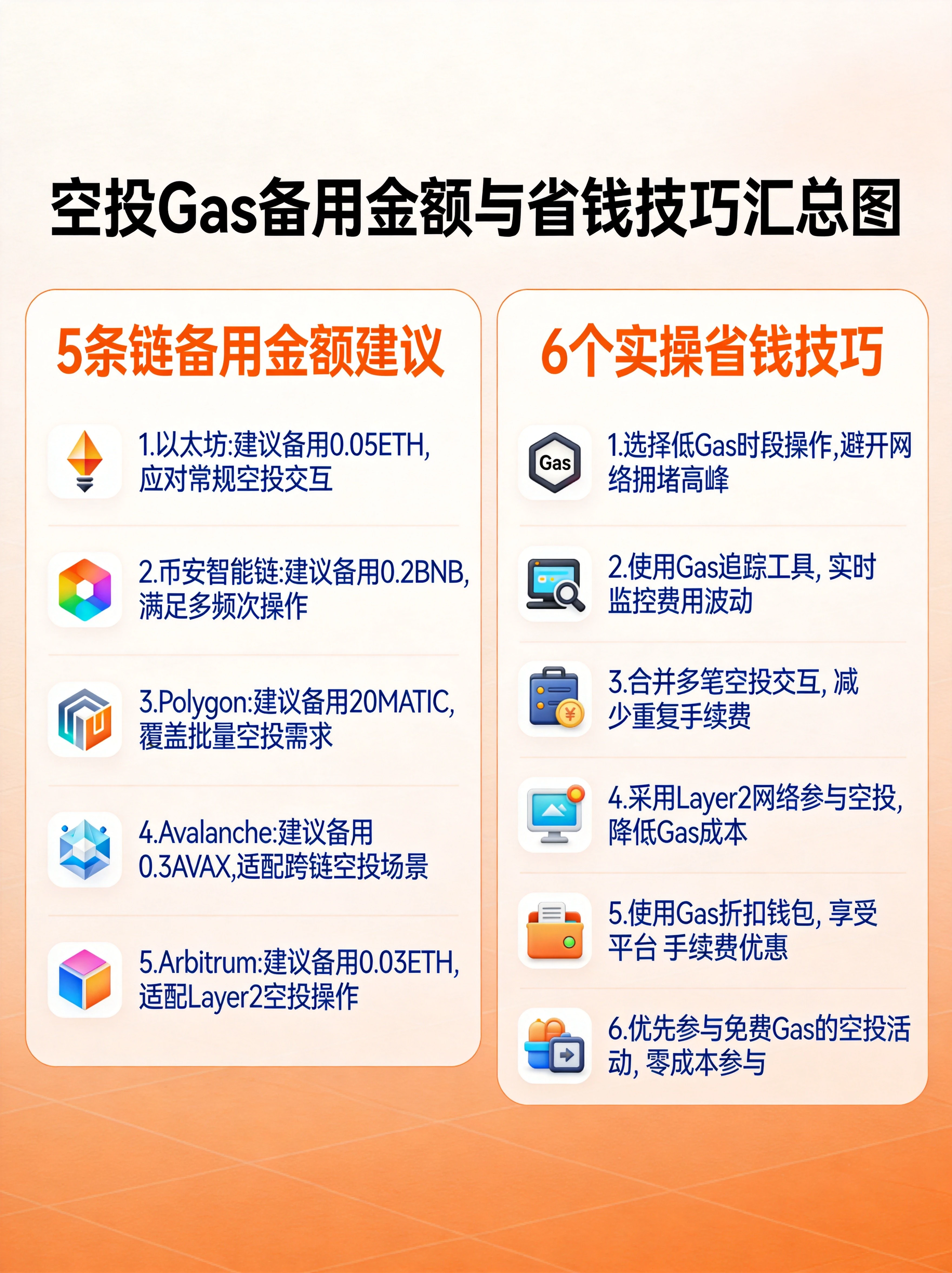 空投实操核心要点汇总图,整合各链备用Gas金额建议和省钱技巧,帮助读者快速掌握低成本参与空投的方法。 空投实操核心要点汇总图,整合各链备用Gas金额建议和省钱技巧,帮助读者快速掌握低成本参与空投的方法。