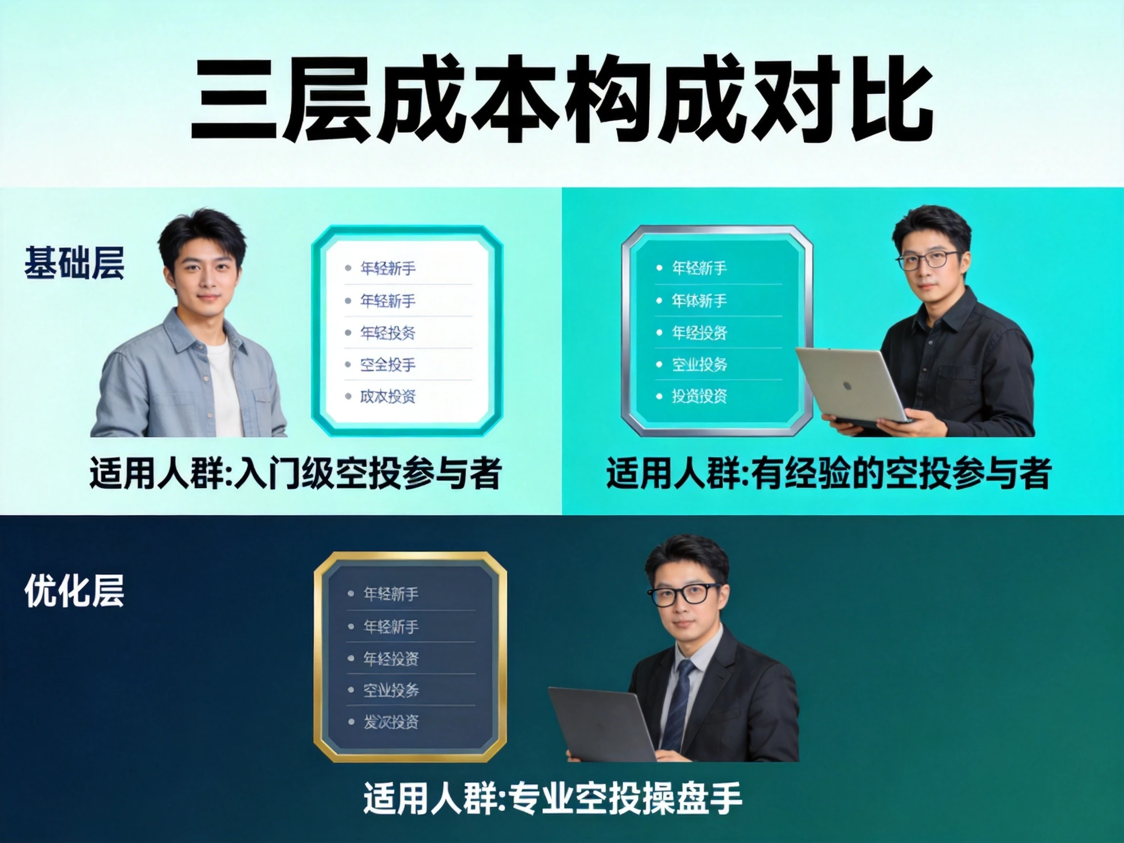 蓝绿色科技风格空投三层启动资金对比图,展示基础层、进阶层、优化层的成本构成与适用人群,分层对比清晰 蓝绿色科技风格空投三层启动资金对比图,展示基础层、进阶层、优化层的成本构成与适用人群,分层对比清晰