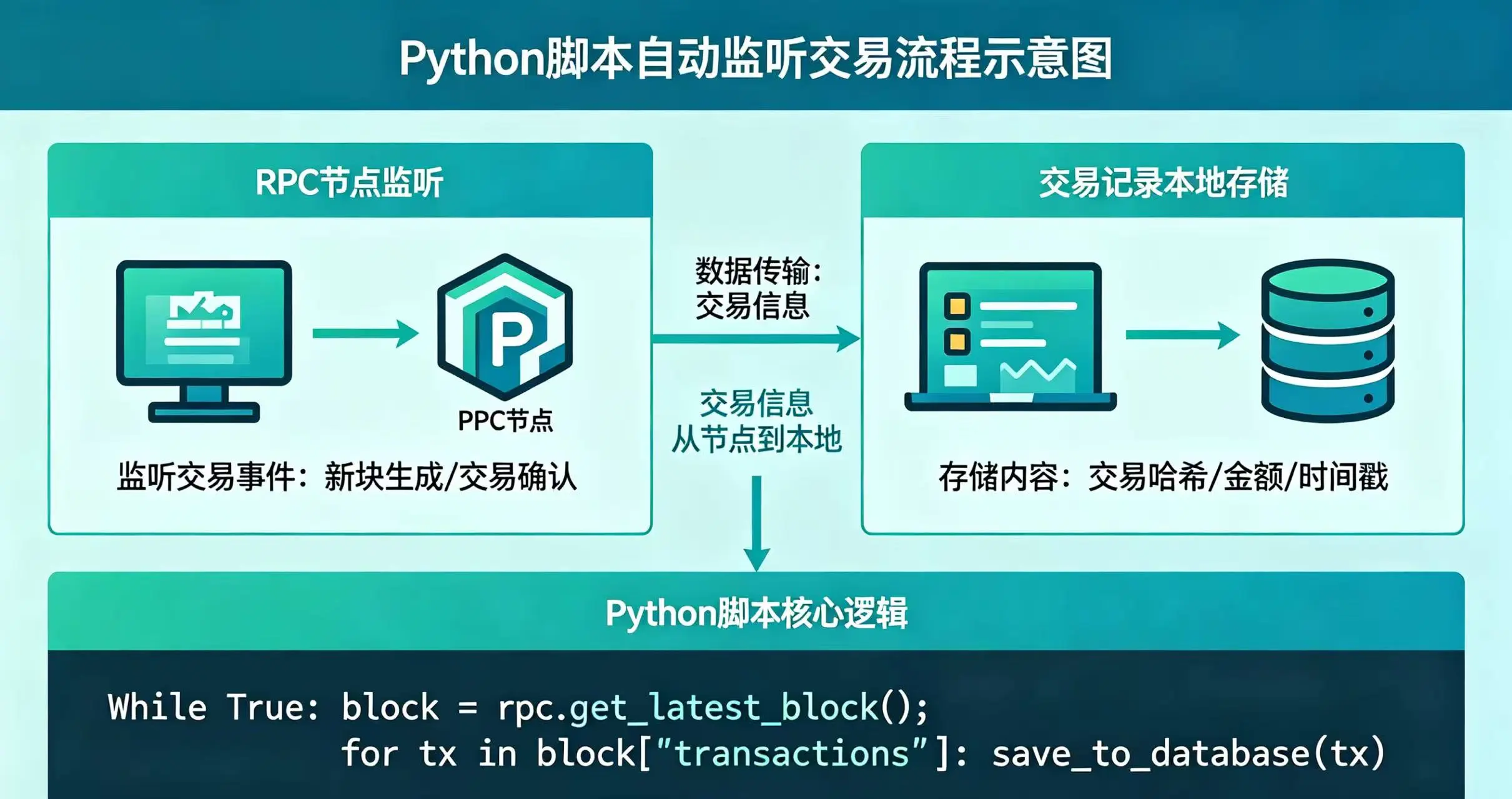 Python 脚本自动监听交易,呈现 RPC 节点监听和本地存储流程 Python 脚本自动监听交易,呈现 RPC 节点监听和本地存储流程