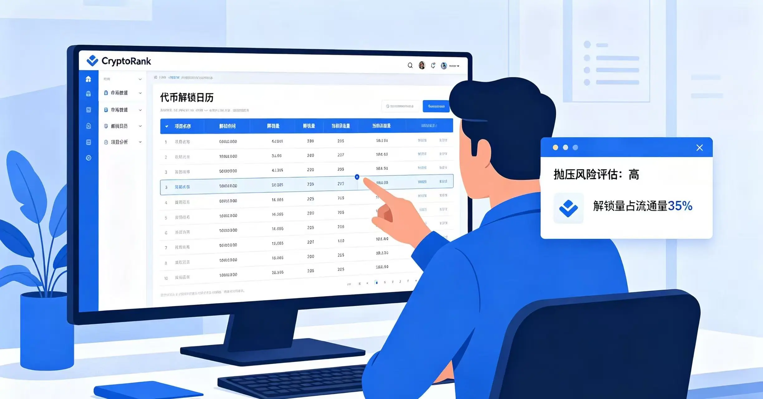用户在 CryptoRank 平台查看代币解锁日历,分析抛压风险 用户在 CryptoRank 平台查看代币解锁日历,分析抛压风险