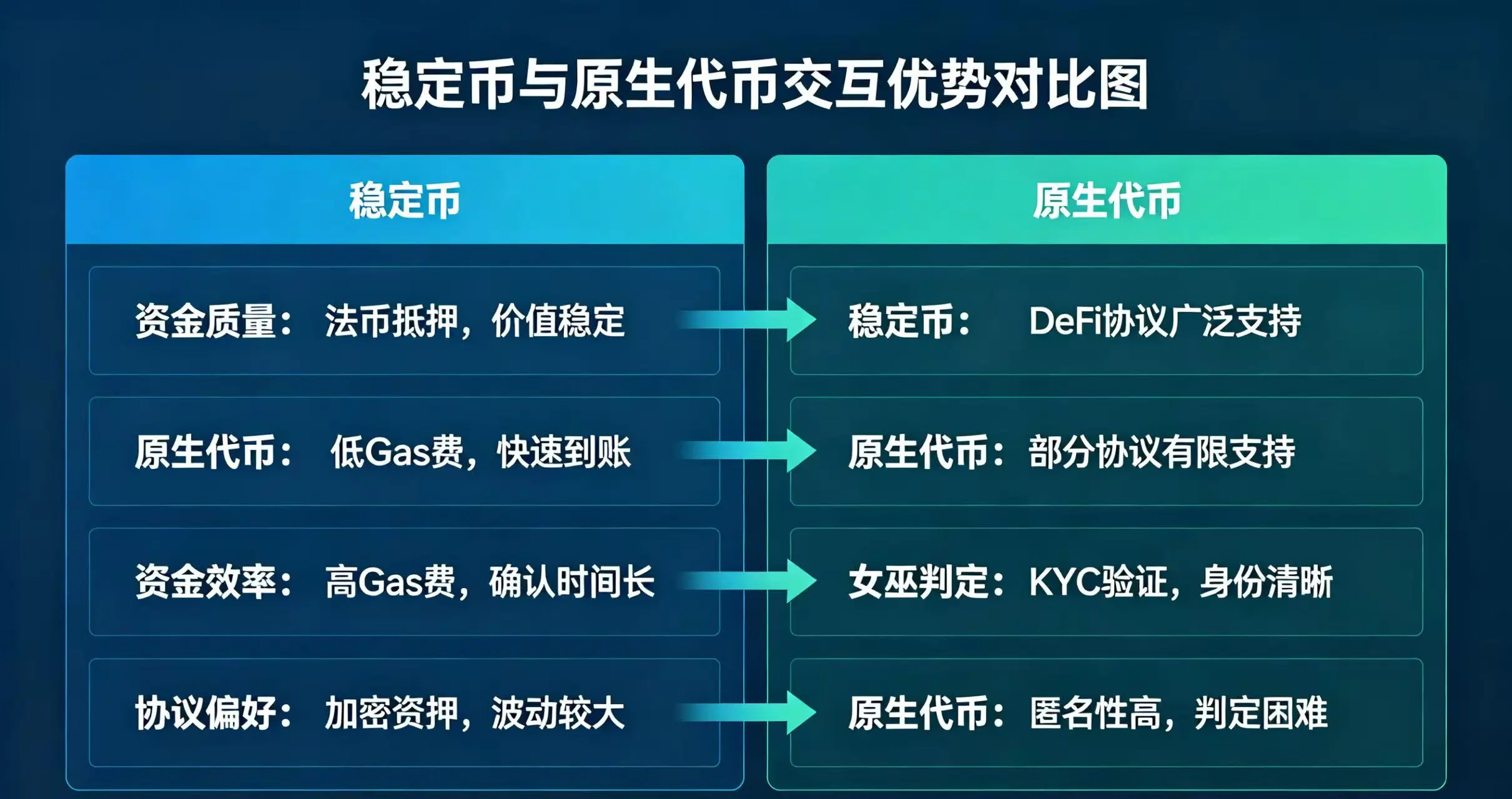 稳定币交互优势对比图,直观呈现稳定币与原生代币在资金质量、资金效率、协议偏好、女巫判定四个维度的差异 稳定币交互优势对比图,直观呈现稳定币与原生代币在资金质量、资金效率、协议偏好、女巫判定四个维度的差异