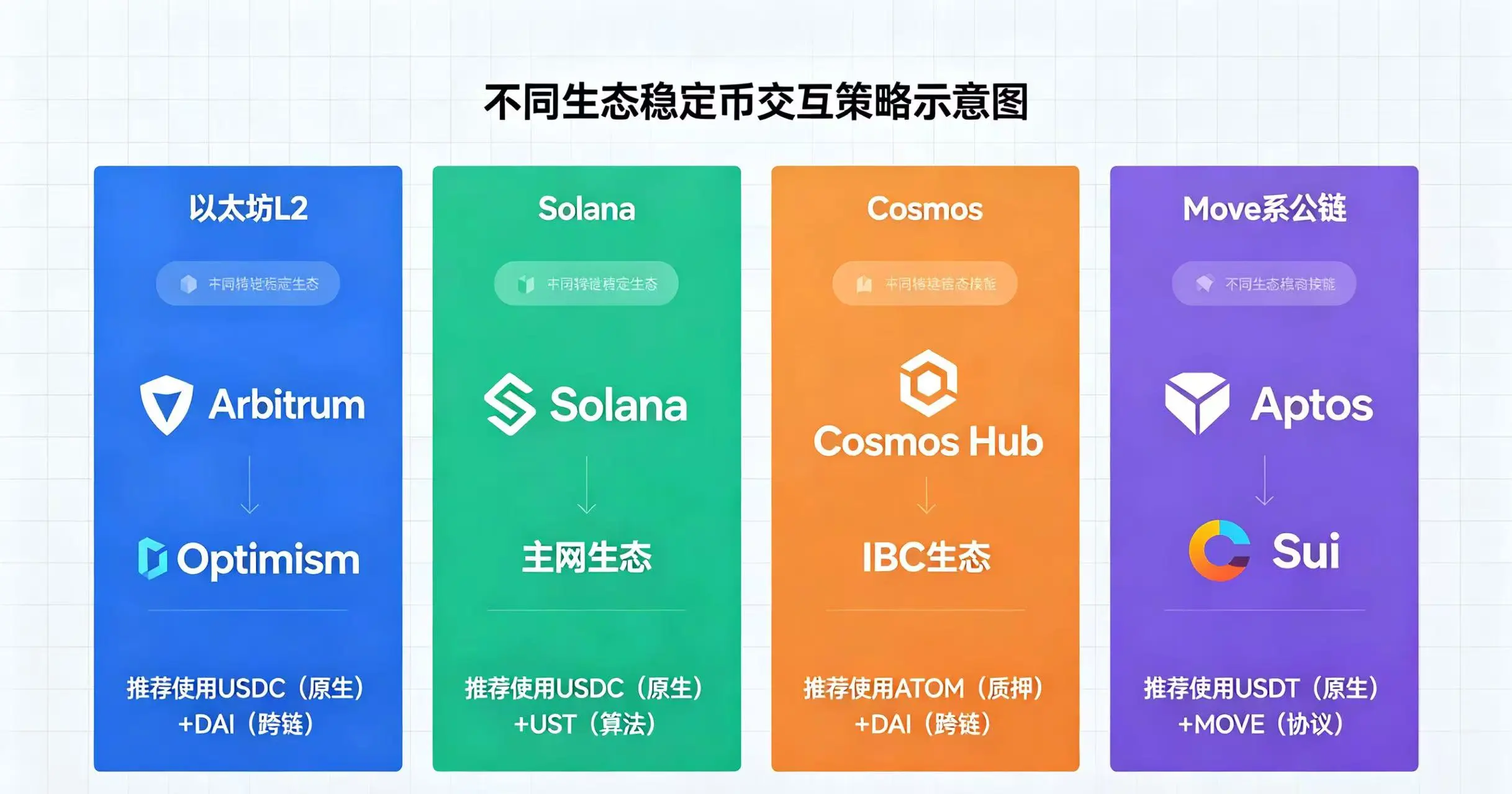 不同生态稳定币交互策略示意图,清晰展示以太坊 L2、Solana、Cosmos 和 Move 系公链的稳定币使用建议 不同生态稳定币交互策略示意图,清晰展示以太坊 L2、Solana、Cosmos 和 Move 系公链的稳定币使用建议
