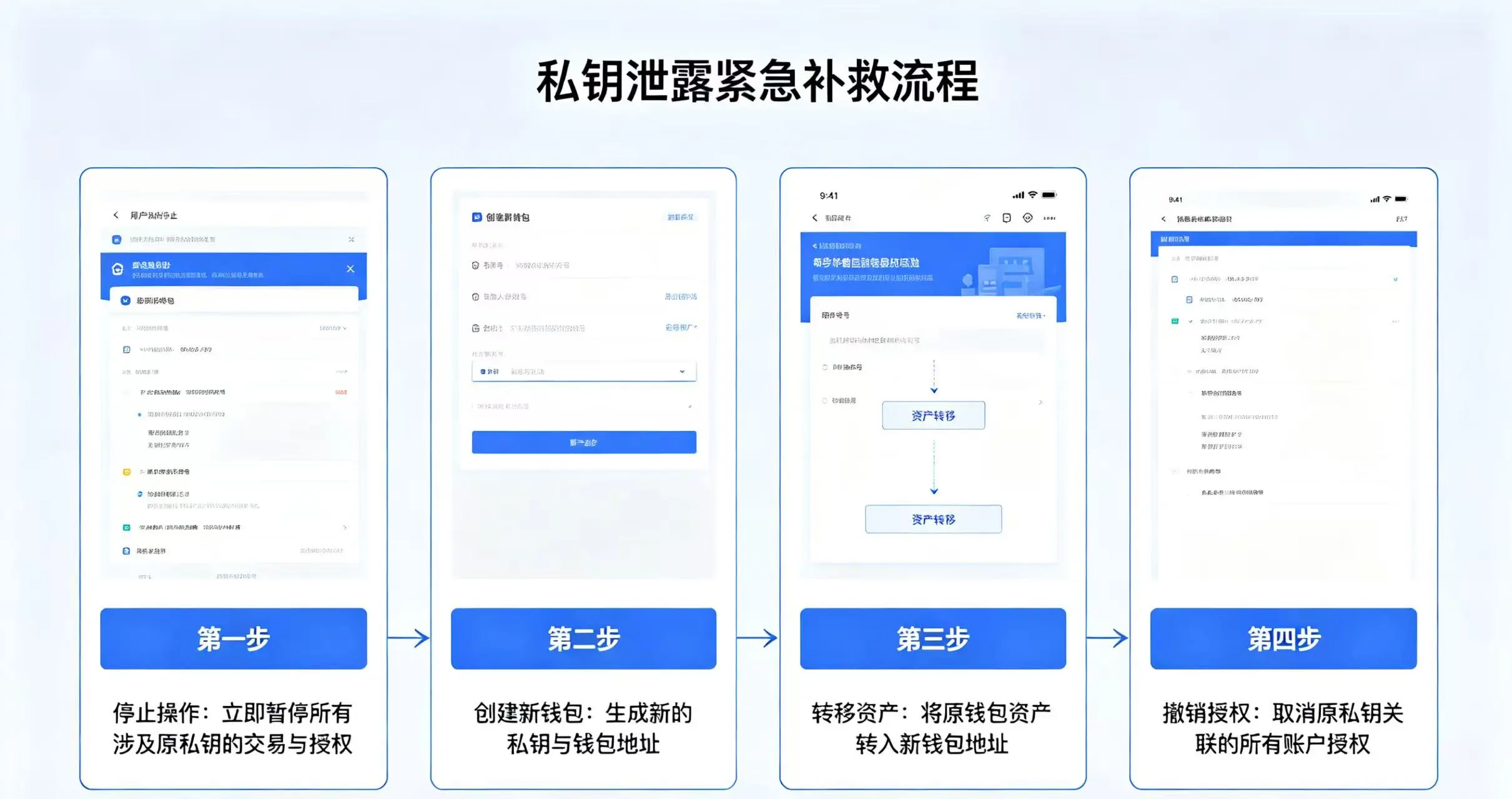 私钥泄露紧急补救流程示意图,清晰展示停止操作、创建新钱包、转移资产、撤销授权的补救步骤 私钥泄露紧急补救流程示意图,清晰展示停止操作、创建新钱包、转移资产、撤销授权的补救步骤