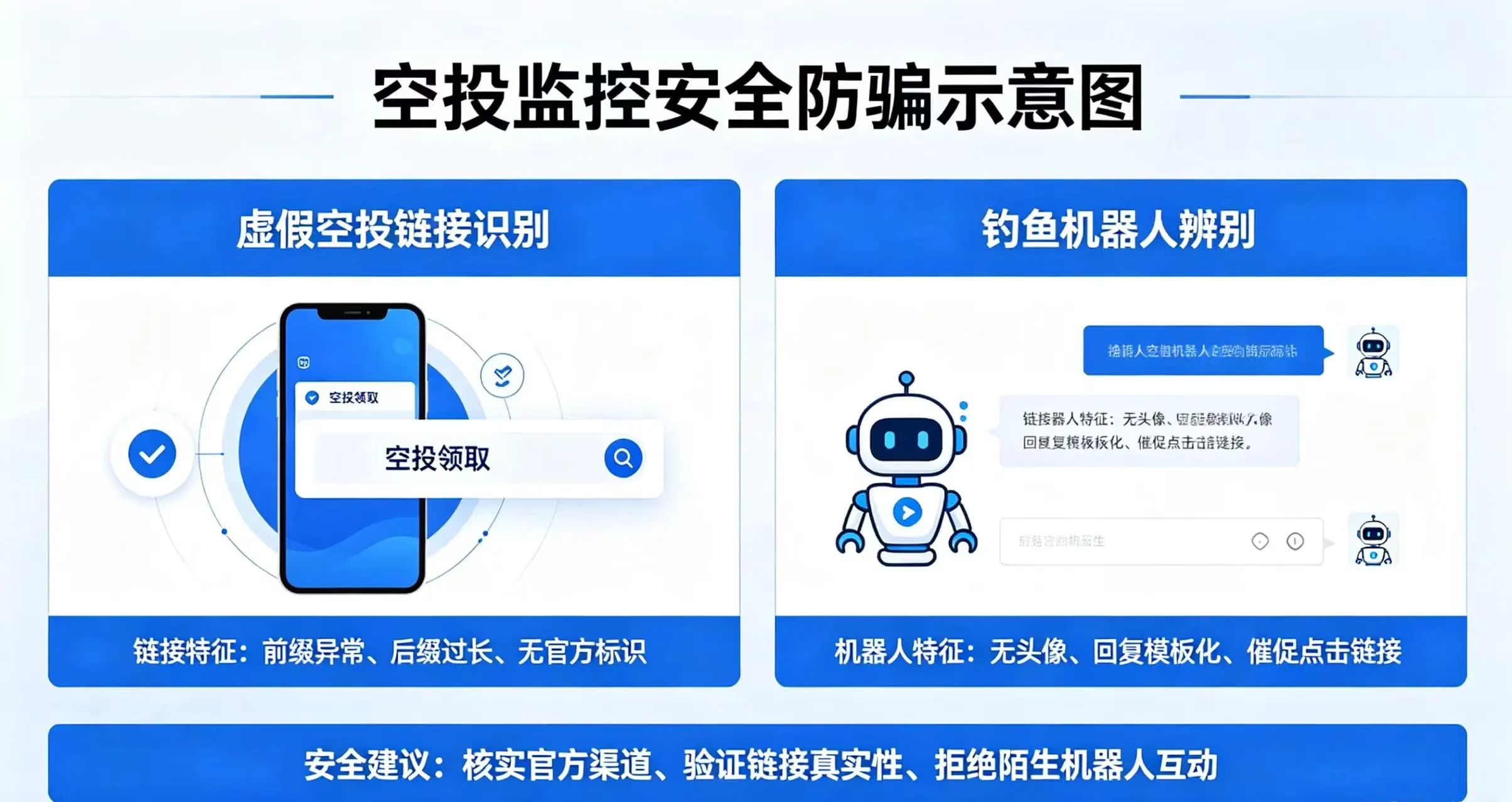 空投监控安全防骗示意图,清晰展示虚假空投链接识别、钓鱼机器人辨别等安全要点 空投监控安全防骗示意图,清晰展示虚假空投链接识别、钓鱼机器人辨别等安全要点