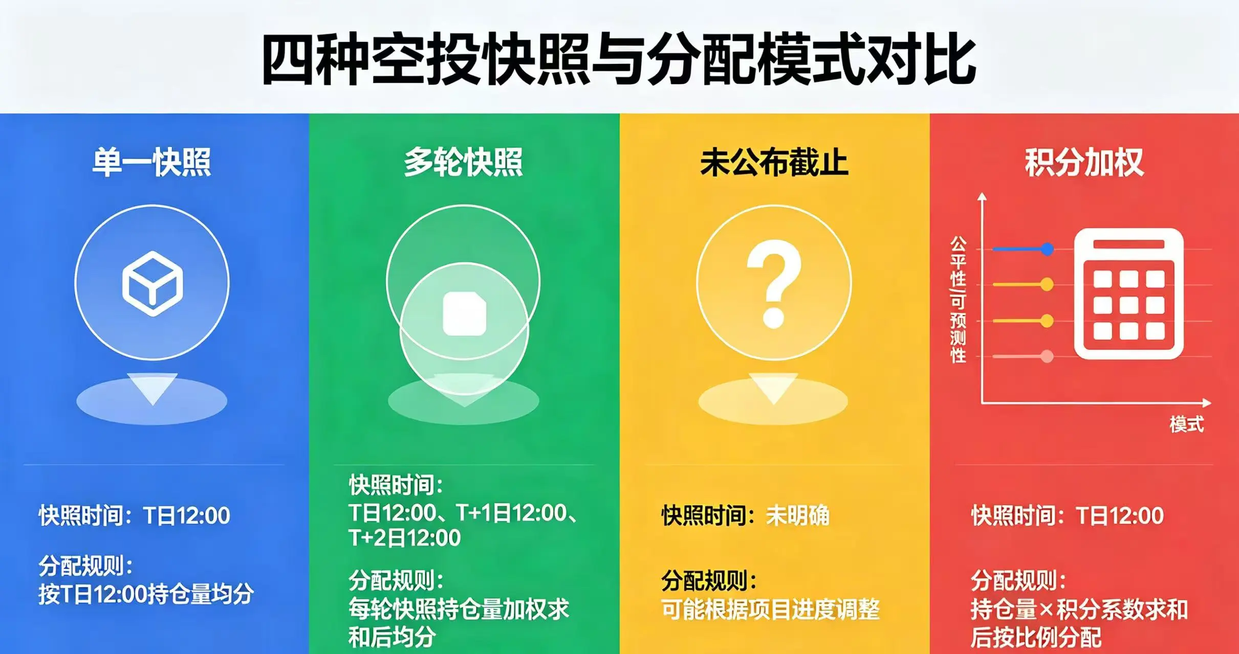 四种常见空投快照与分配模式(单一快照、多轮快照、未公布截止、积分加权)对比信息图 四种常见空投快照与分配模式(单一快照、多轮快照、未公布截止、积分加权)对比信息图