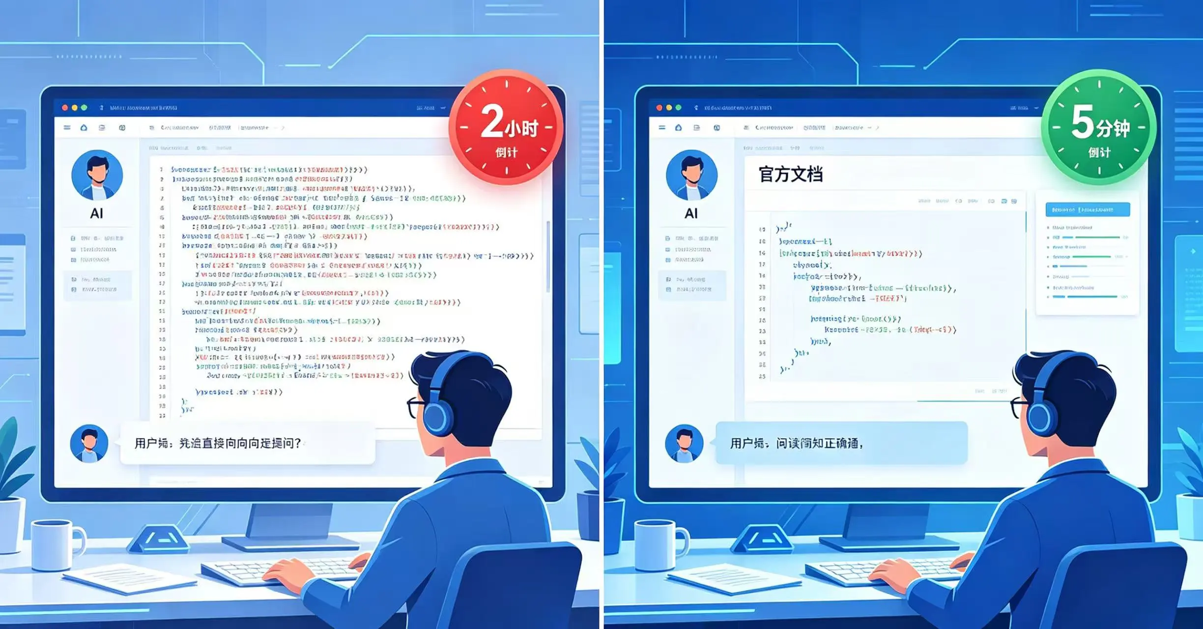 对比直接问 AI(低效)与先读文档再问 AI(高效)的两种场景示意图。 对比直接问 AI(低效)与先读文档再问 AI(高效)的两种场景示意图。