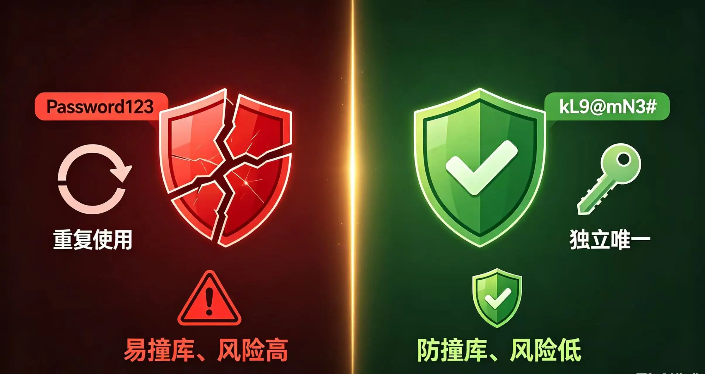 “传统弱密码 / 重复密码” 和 “密码管理器生成的独立强密码” 在 “安全性” 和 “防撞库” 能力上的天壤之别 “传统弱密码 / 重复密码” 和 “密码管理器生成的独立强密码” 在 “安全性” 和 “防撞库” 能力上的天壤之别